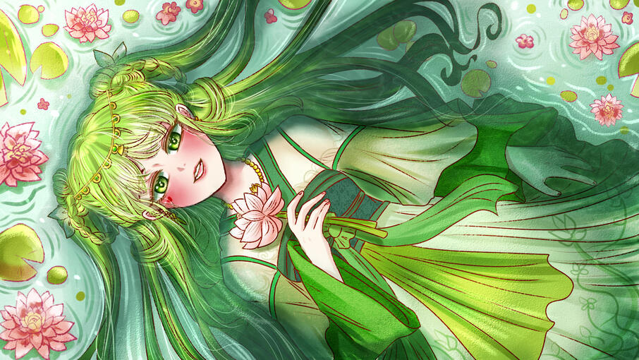 Ilustrasi bertema kedamaian, saya menggambarkan tokoh Cana dari maskot Canvasathor bergaya busana Hanfu merupakan jenis pakaian tradisional Asia. Konsep latar belakang berada di permukaan air tersebar beberapa bunga teratai bermakna kehidupan dan tenang.