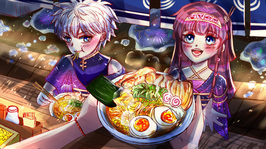 Drawing Challenge yang diselenggarakan oleh Canvasathor & Bstation, bertema ramen menggunakan karakter dari anime masa kecil yaitu anime hunter x hunter. Konsepnya tentang karakter Killua dan Alluka sedang ingin pergi melihat kembang api namun sayangnya ti