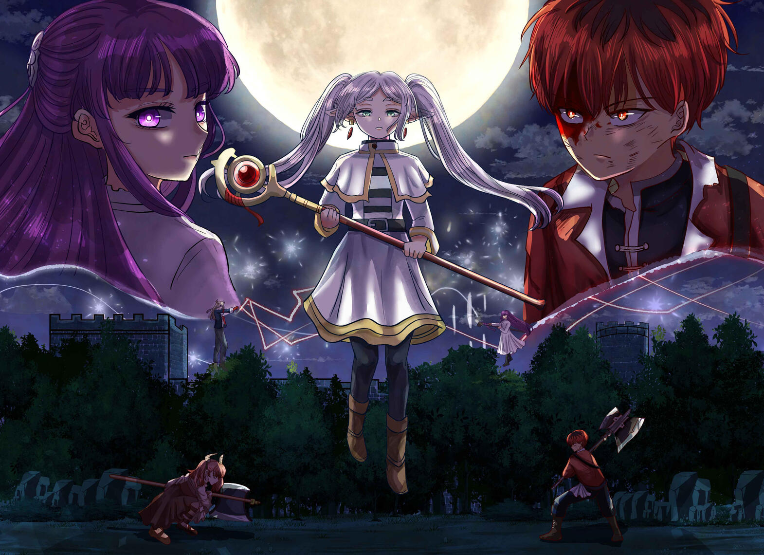 Powerful Trio in Action: Frieren, Fern, and Stark Fan Art - 2023